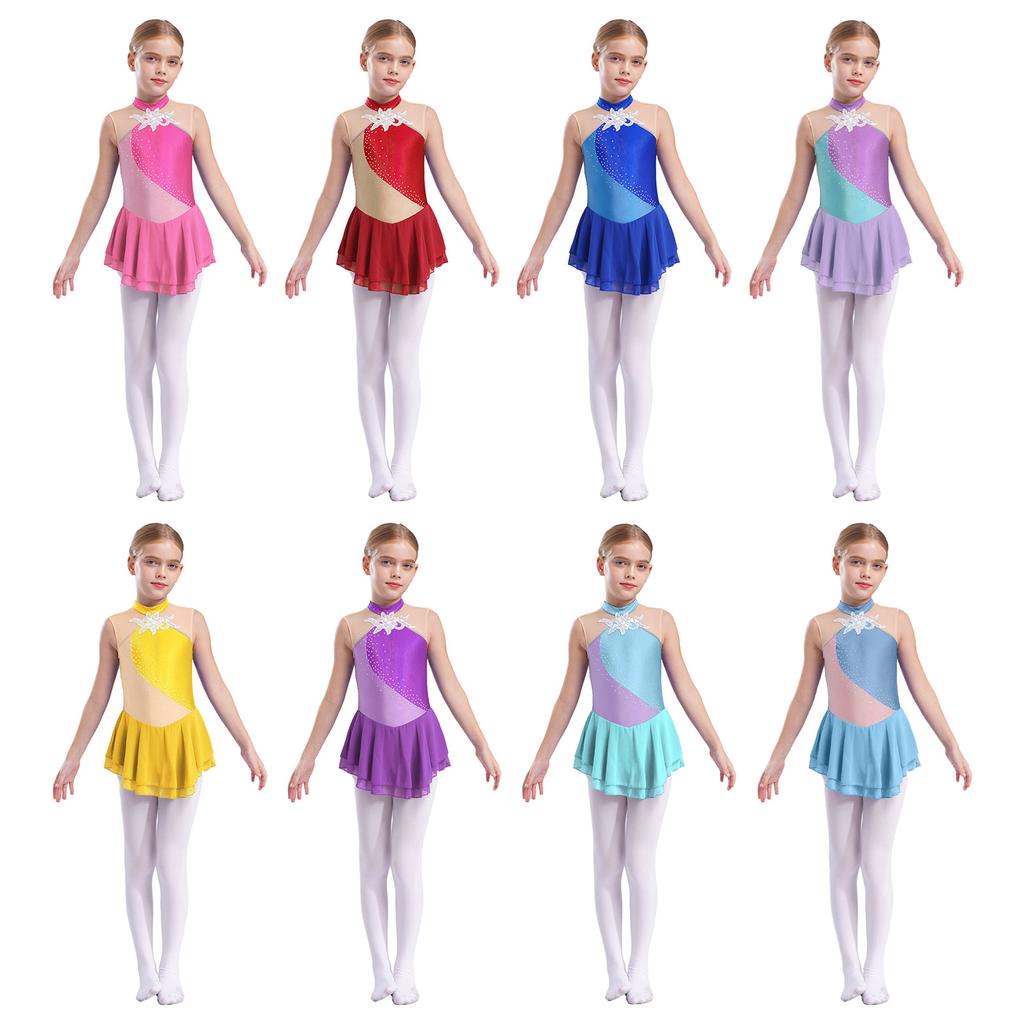 Rhinestone paljetter Kunstskøytekjole for jenter Barn Ballett Dansekjole Barnegymnastikk Lyrisk Dansekjole Kostymer