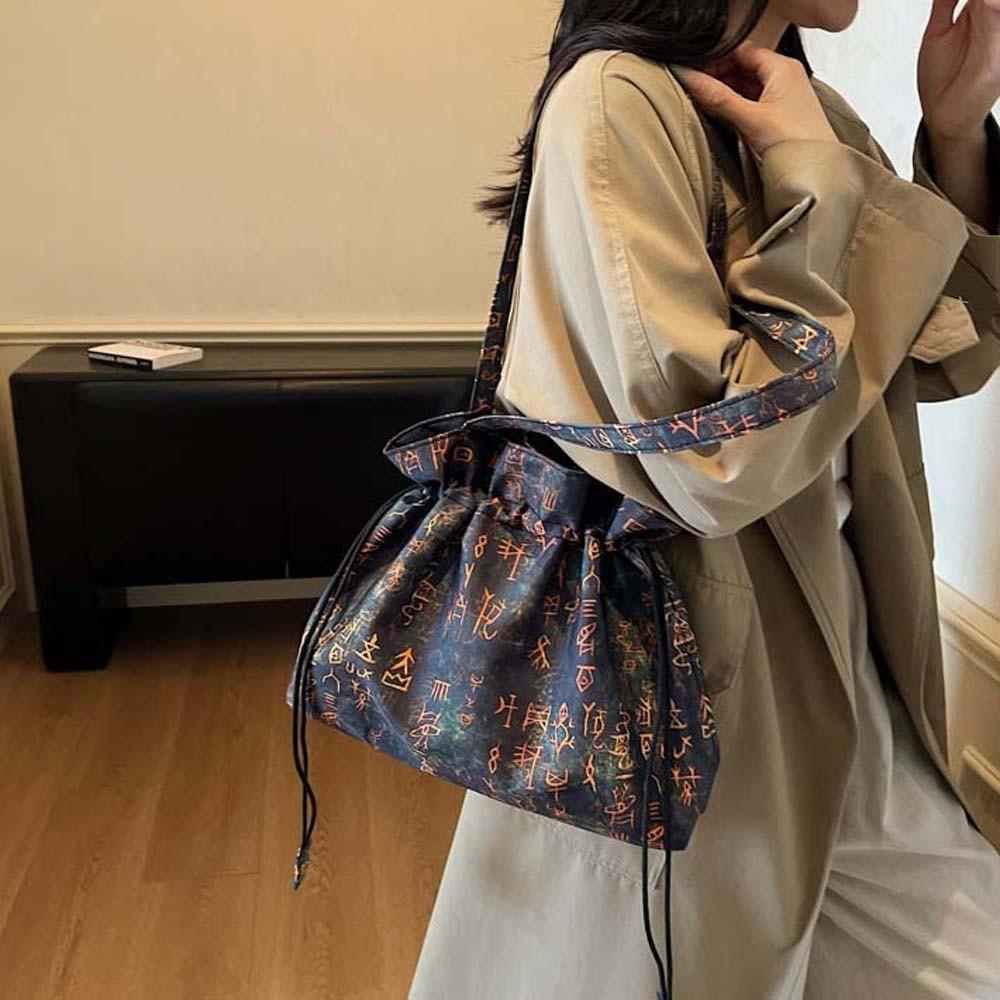 Retro Hanfu Drawstrings Bag Flower Embroidery Handbag Chinese Printed Shoulder Pouch  Outdoor