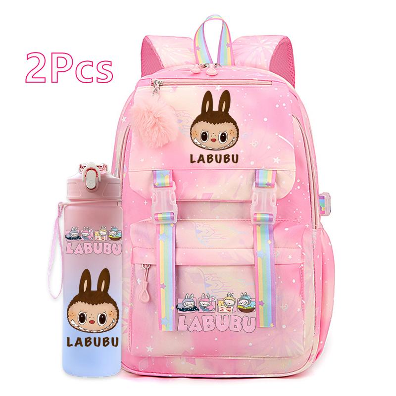 2Pcs/set Cute Cartoon Printed Backpack with 750Ml Outdoor Sports Water Bottle Student Girl Boy Schoolbag Large Capacity Travel Bag Gift