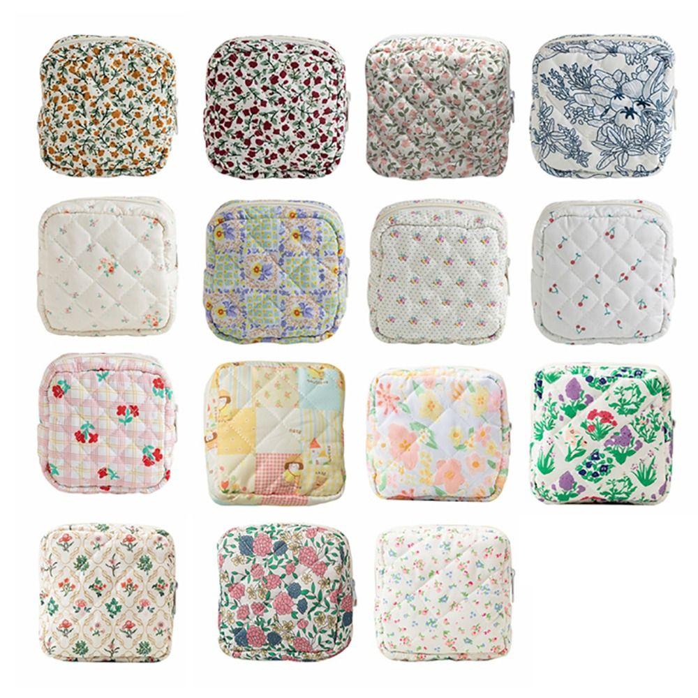 Quilted Cotton Sanitary Napkins Bag Travel Organizer Portable Printed Floral Storage Bag Multipurpose Cosmetic Bag