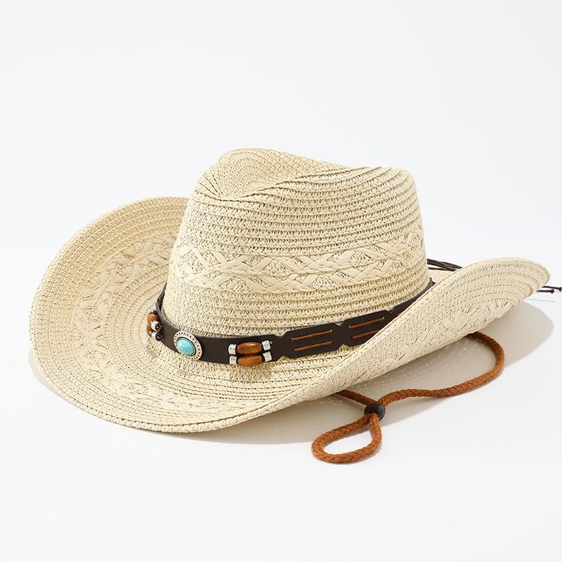 Big brim curled straw hat women's summer seaside vacation sunscreen sunshade beach hat ethnic style western cowboy hat men