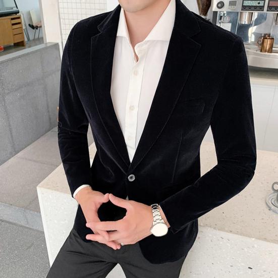 Spring Men Blazer Solid Color Turndown Collar Long Sleeve Slim Fit Single Button Velvet Suit Coat Streetwear