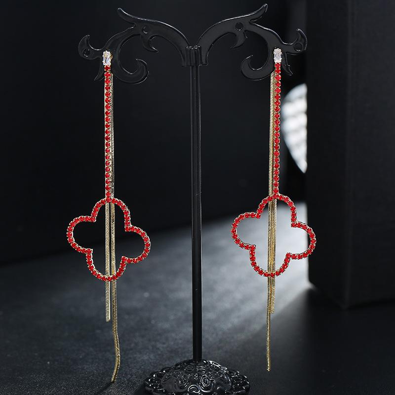 Simple and Stylish 925 Silver Needle Stud Earrings Femininity Elegant Red Crystal Earrings Earrings Long Fringed Ear Jewelry