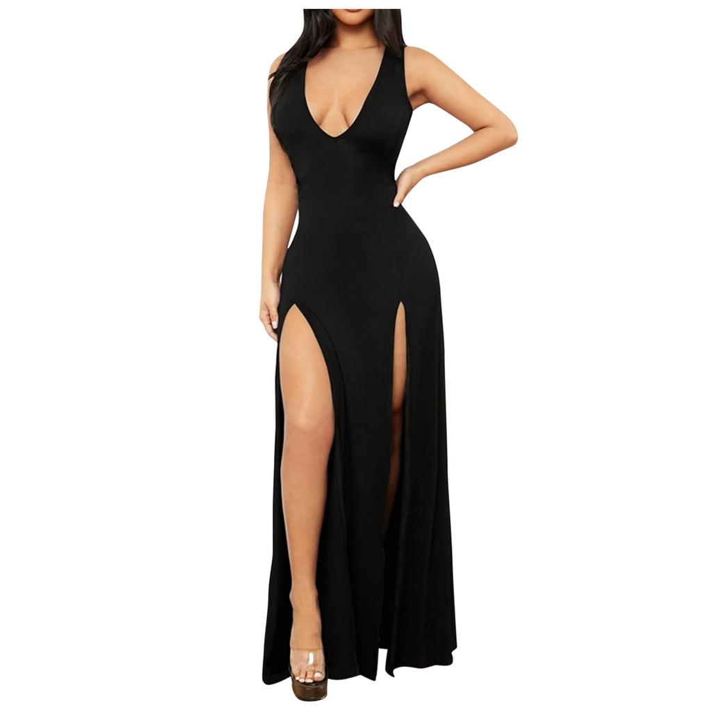 Dámské letní společenské šaty pro dámy s pevným rozdělením stehen se zapuštěným výstřihem