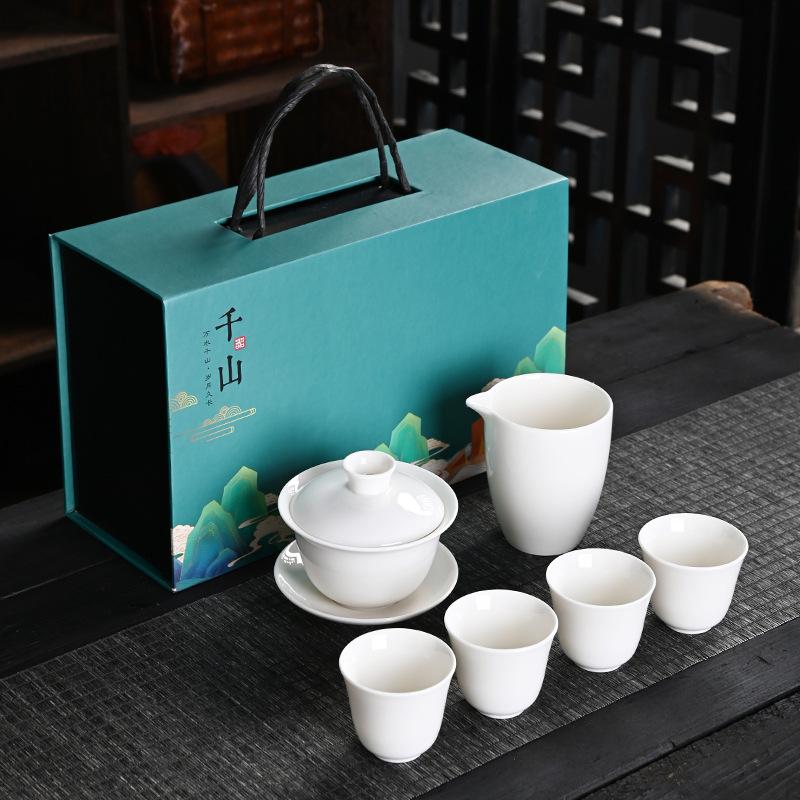 Dehua Suet Jade Porcelain Kung Fu Tea Set Gift Box, Thousands of Miles of Jiangshan, the Whole Set of Activities Accompanied by Hand Gifts