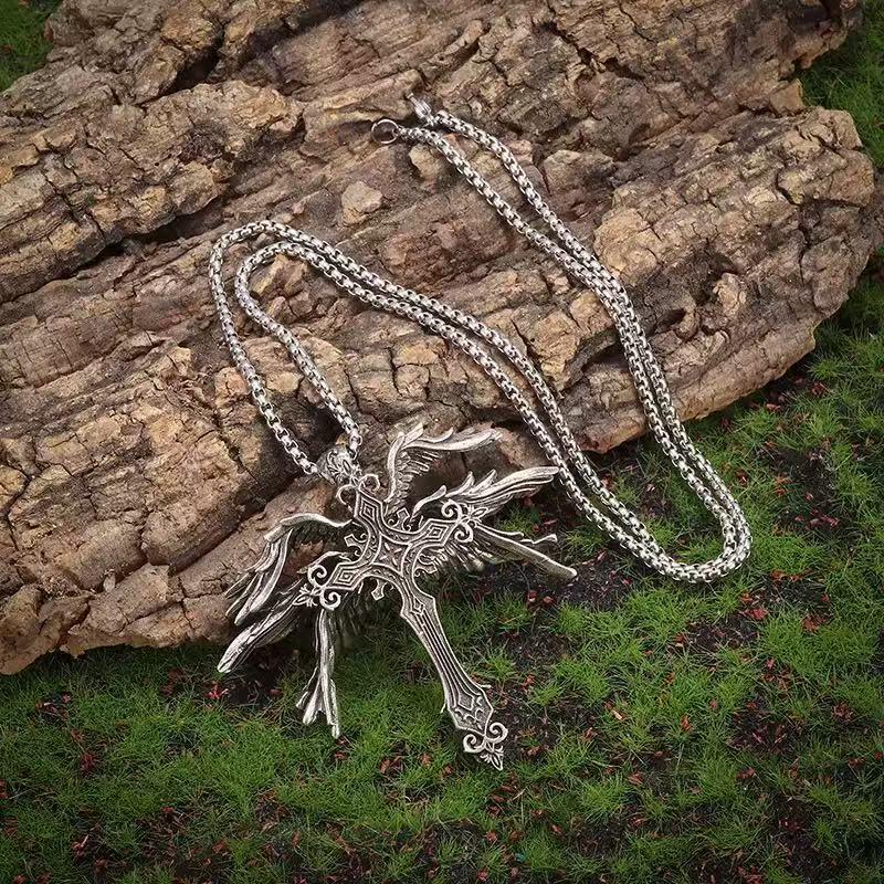 Retro Six-Winged Angel Cross Pendant Necklace: Trendy, Versatile European & American Jewelry