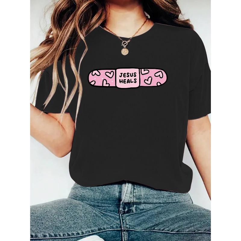 

Women s Jesus Heals Christian Faith T-Shirt Crew Neck Casual Spring Summer Church Top S