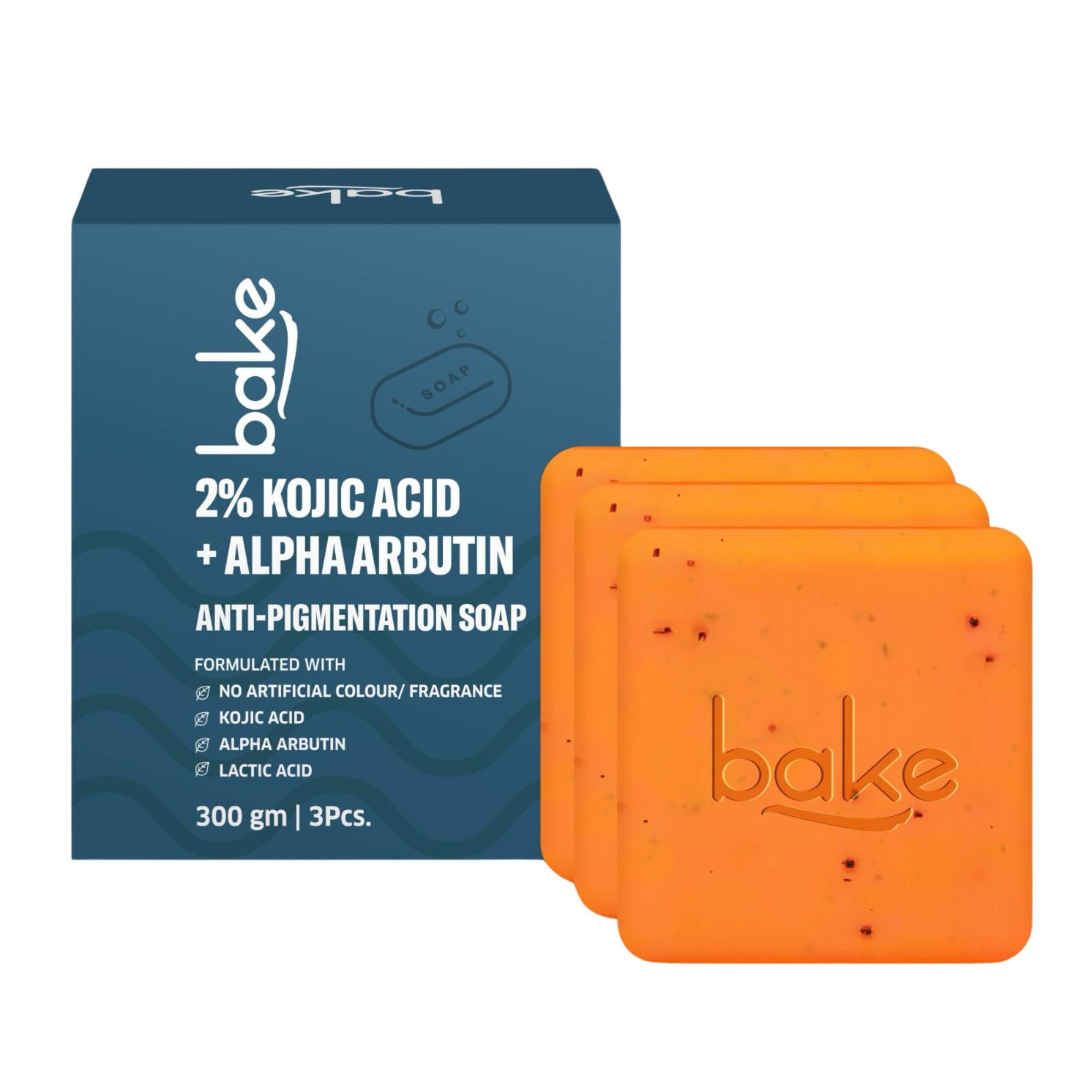 

BAKE 2% Kojic Acid Scrub Treatment Soap (100 Gms Pack of 3) with Alpha Arbutin, Lactic Acid & Niacinamide | For Pigmentation, Dark Spots, Tan Remov