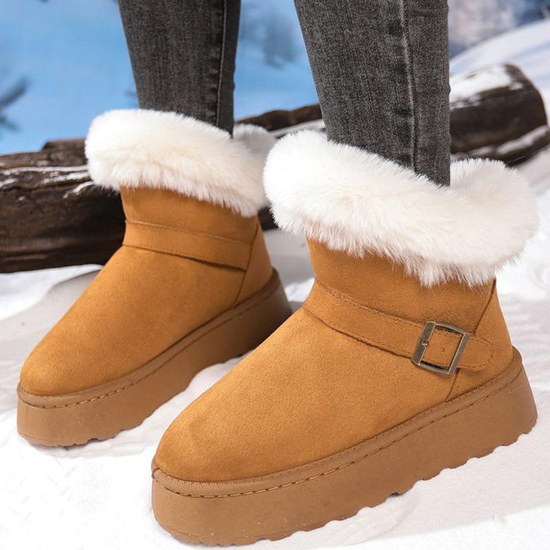 Fashion Furry Thick Warm Snow Boots Women Retro Buckle Detor Slip On Snow Boots Woman Winter Yellow Brown Platform Booties Female