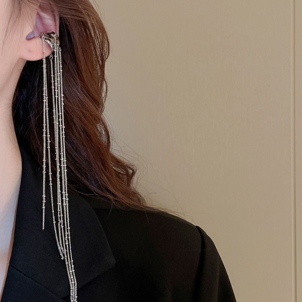 Fashion C-shaped Earrings Zinc Zinc Alloy Ear Cuff Without Piercing C-shaped Tassel Long Ear Clip  Girl