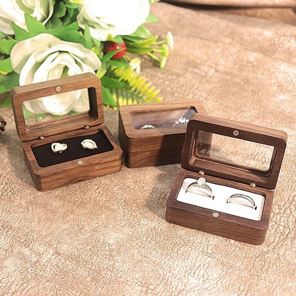 Double Slot Wooden Ring Box Rectangular Jewelry Ring Holder Black Walnut Cufflinks Box  Couples