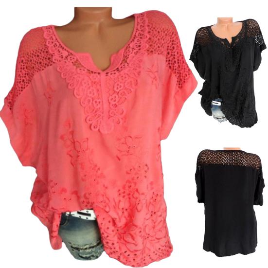 Kadın V Yaka Kısa Batwing Kollu Bluz Çiçek Nakış Tişört Oymak