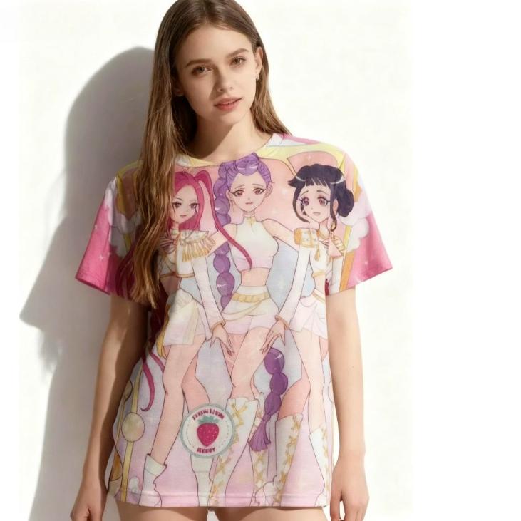 

Round Neck 3D KPop Demon Hunters Print Top Casual Short Sleeved Women s T-shirts - Soft Medium Stretch Polyester Fabric Summer Relaxed Fit Clothing 5XL