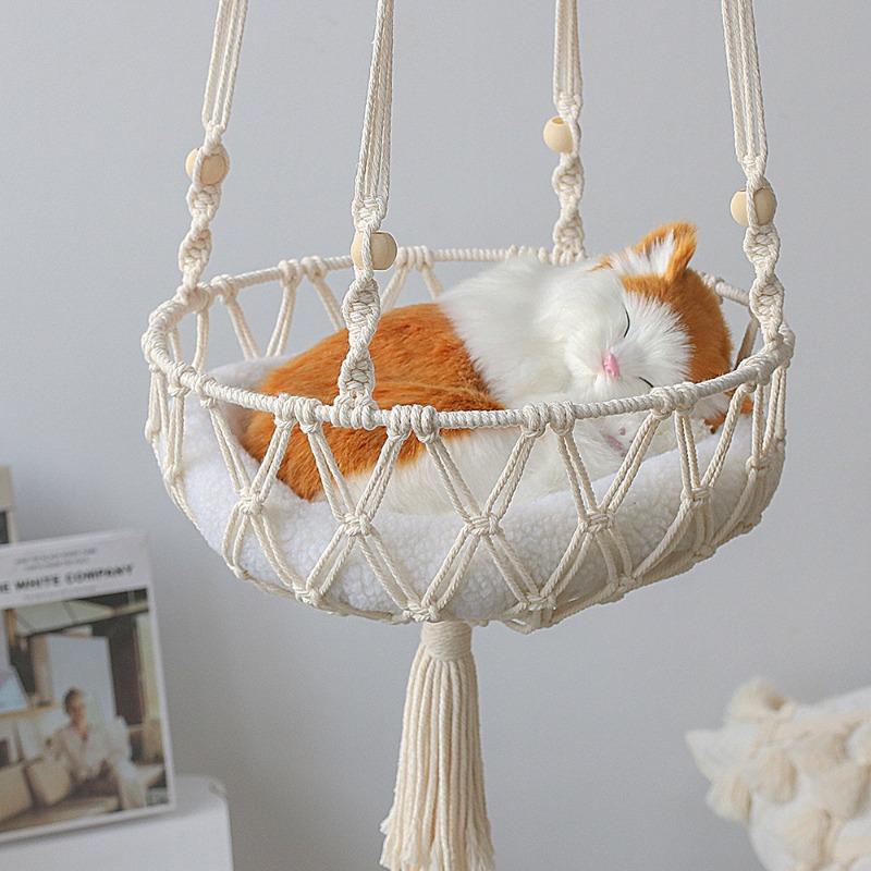 Bohemian Woven Cat Nest Hammock with European Mesh Pocket Summer Pendant Cat Hammock Swing Hanging Pet Bed for Cats