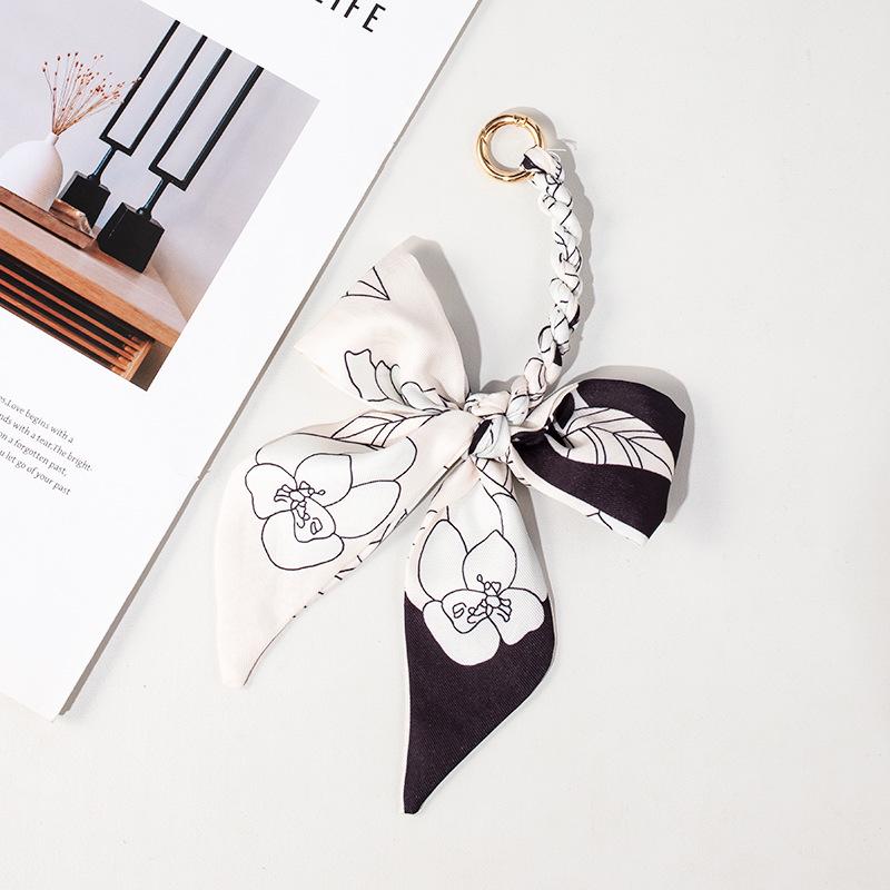 Silk Scarf Keychain with Horseshoe Buckle and Ribbon Bow for Bags and Cars