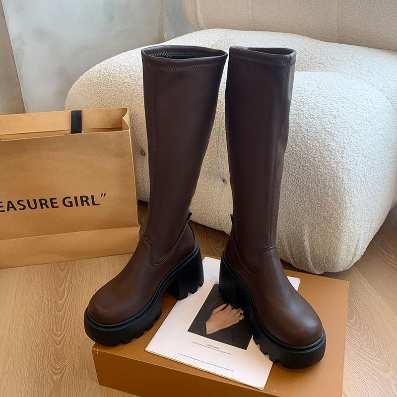 

Женские ботинки на толстой подошве с увеличением высоты, новая модель 2025 года, ботинки черного рыцаря для ранней осени, для невысоких женщин, но ботфорты до колена 39