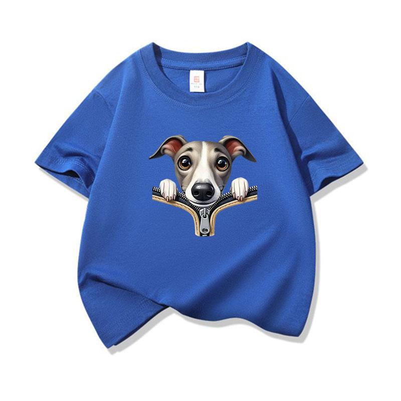 Kids Cotton T Shirt Adorable Whippet Dog Zipper Print Crew Neck Short Sleeve Tee Casual Breathable Boys Girls Summer Tops