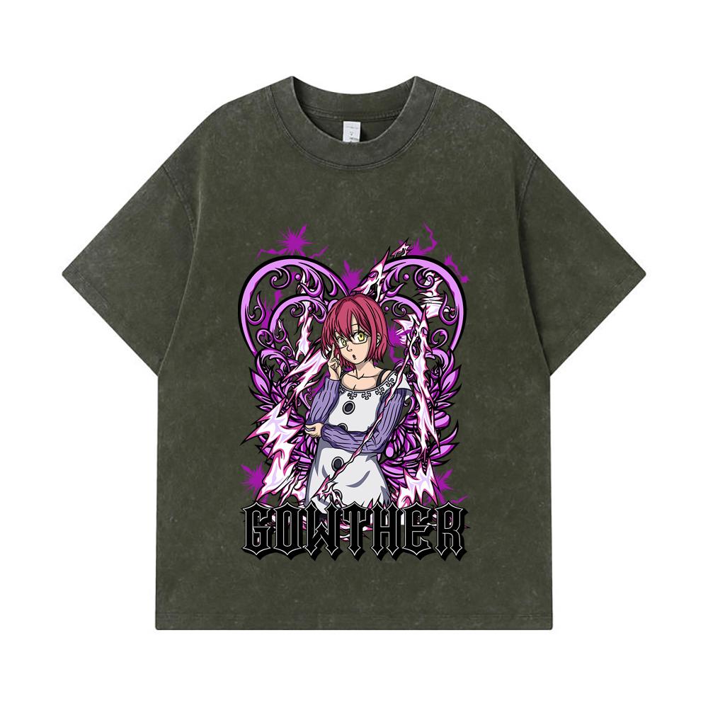 

275 GSM Washed T-shirts 100% Cotton Seven Deadly Sins V5 Gowther Print Unisex Heavy Cotton T Shirt S армия зеленый