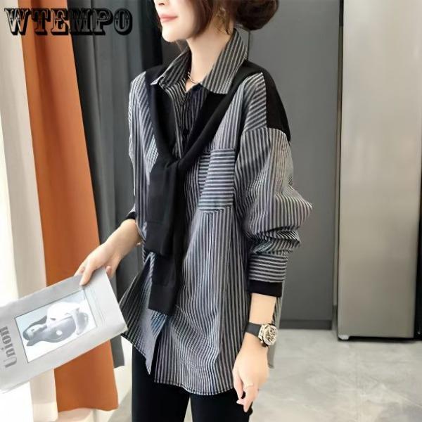 Women's Black and Gray Striped Top Shirt Fashionable and Versatile Style Design