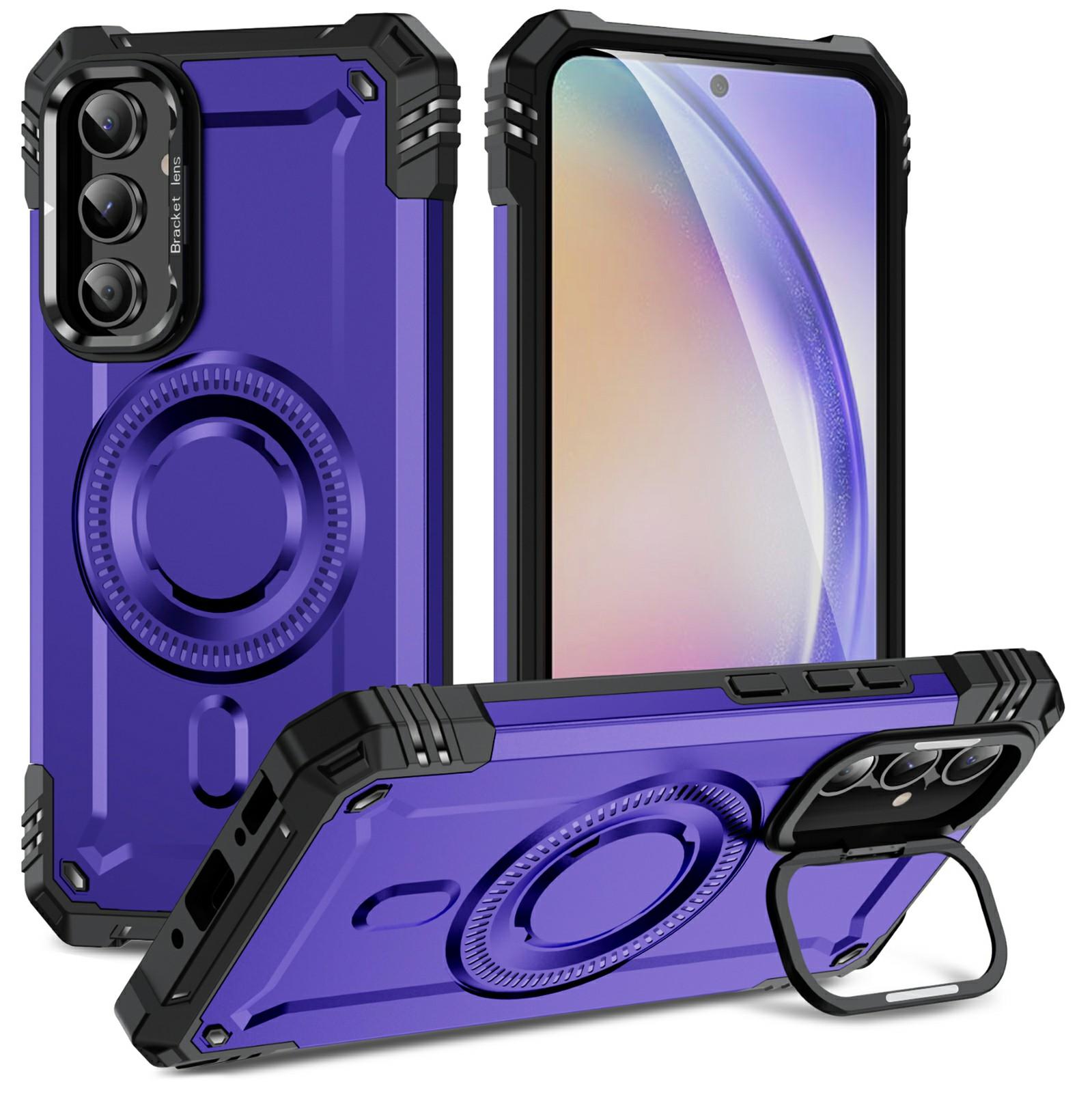 

For Samsung Galaxy A54 5G Magnetic Case Lens Kickstand PC+TPU Shockproof Phone Cover Purple