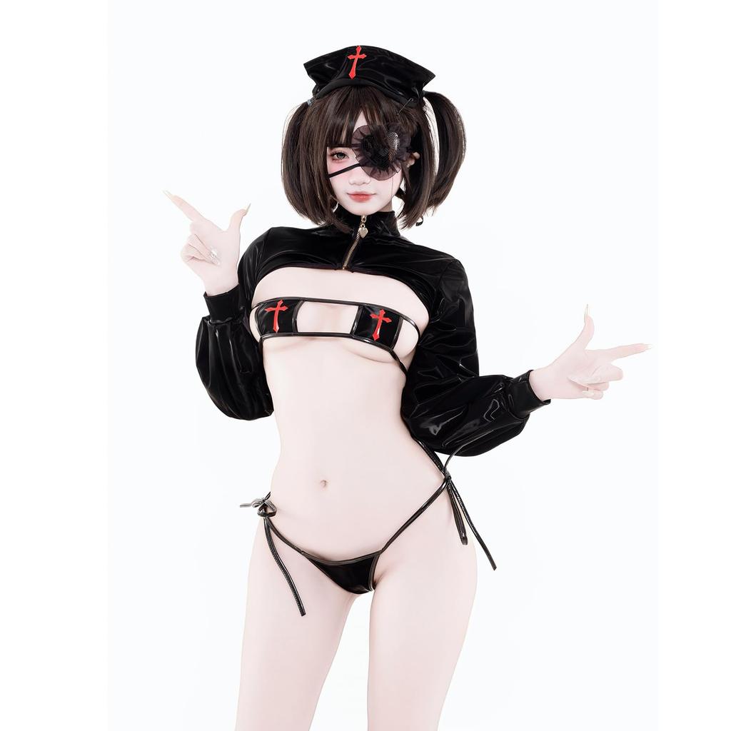 Sexy Nurse Cosplay Devil Set Bikini Mini Erotic Nurse Erotic Cute Mini Length Perfect for Halloween and Black [SENMHS] 5-Piece [Eye Mask, Hat, Top,