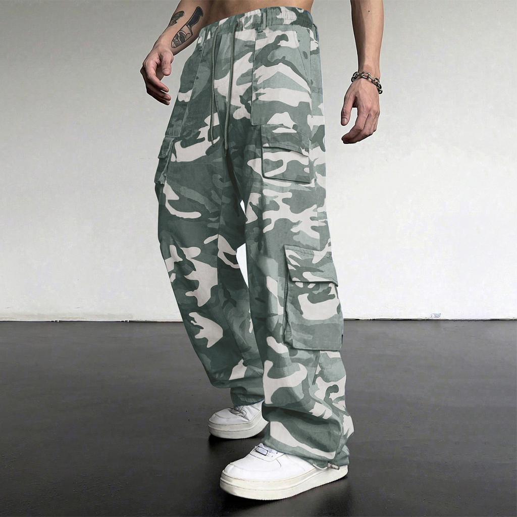 Men's Loose Casual Multi-pocket Work Pants, Youth Stretch Waist Drawstring Pants