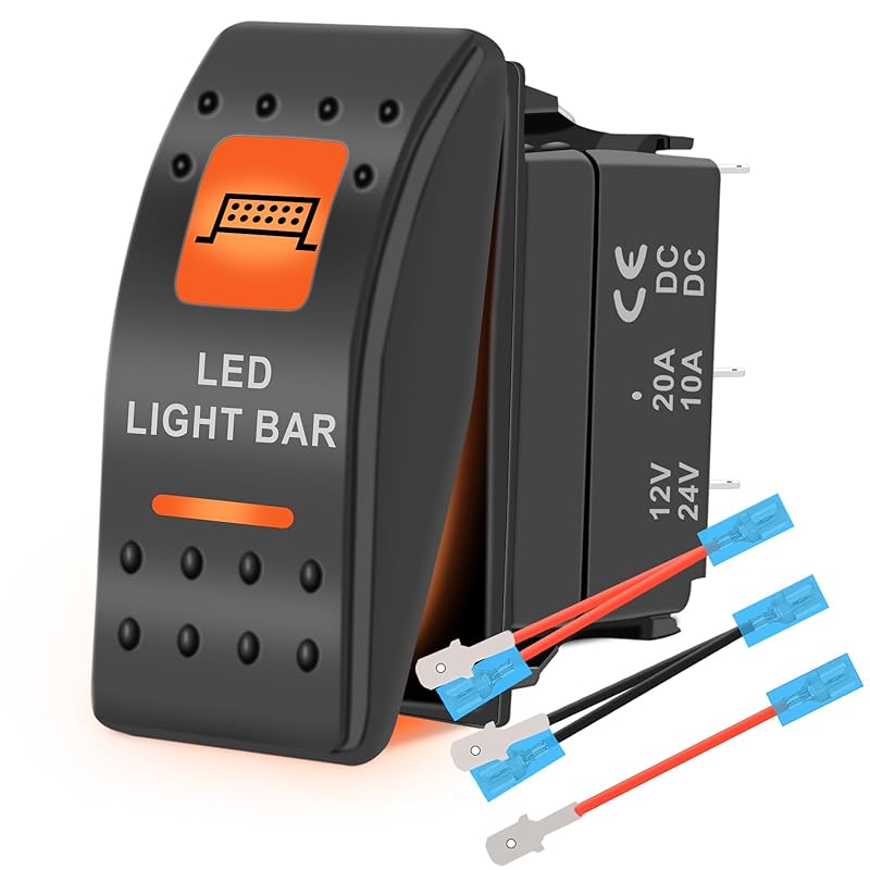 LED Light Bar Waterproof Rocker Switch Toggle On-Off 12V 24V 5Pin SPST Orange Backlit, with Jumper Wires Set Compatible for Polaris RZR Can-Am Car