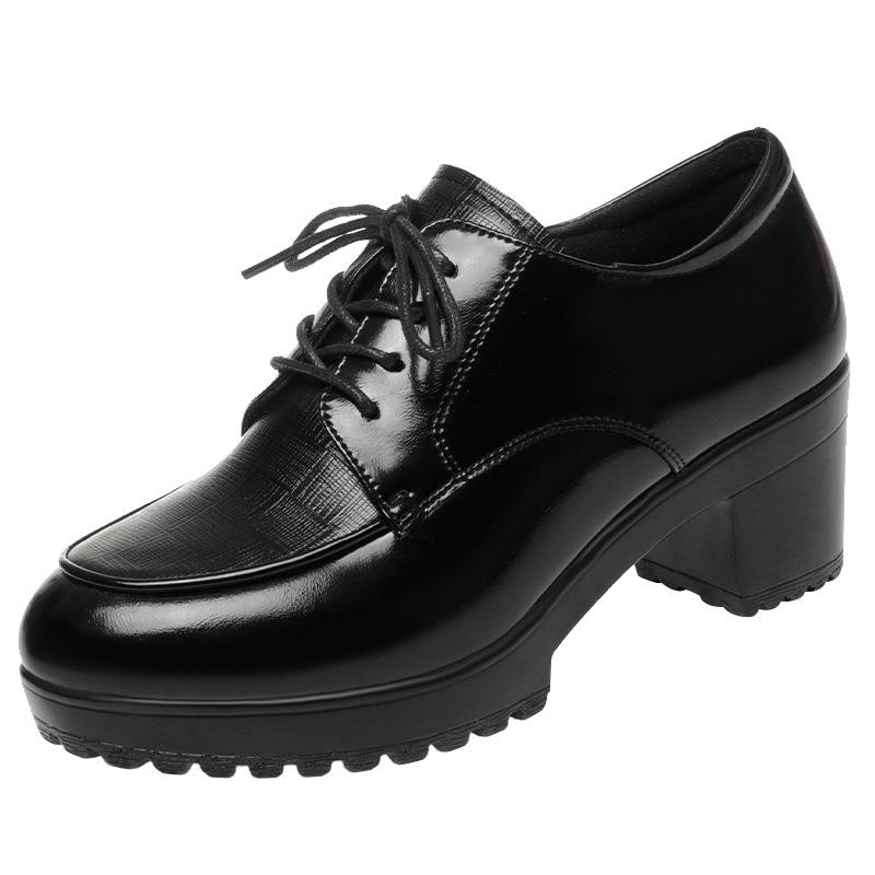 Coarse Heel Single Shoes Women's Spring and Autumn High Heels Waterproof Table Leather Shoes Middle-aged Women's Deep Mouth Lace-up Women's Shoes