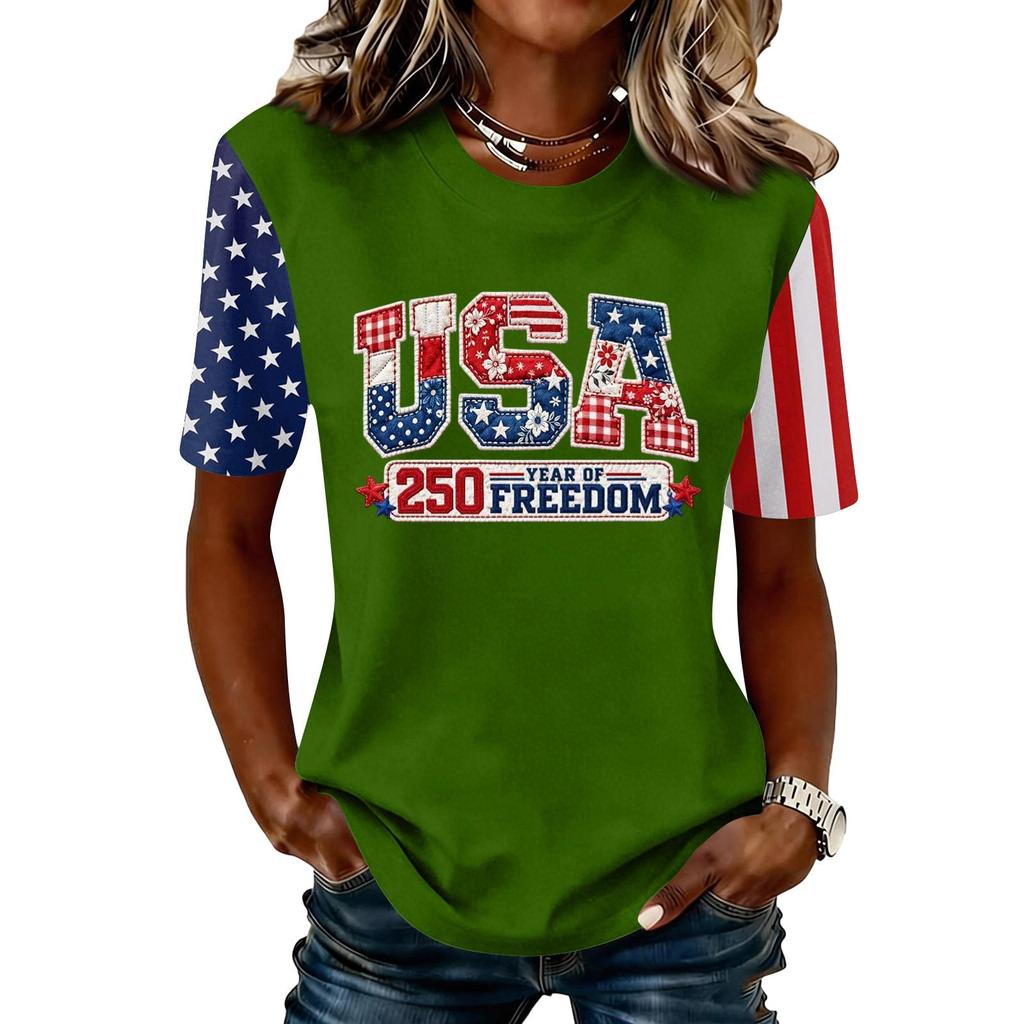 Blusa Feminina da Moda Casual de Manga Curta com Estampa e Gola Redonda