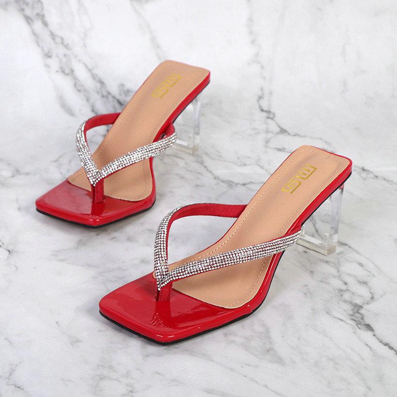 2025 New All-Match Open-Toed Diamond Flip-Flops Comfortable Soft Soles Thick High Heels For Women