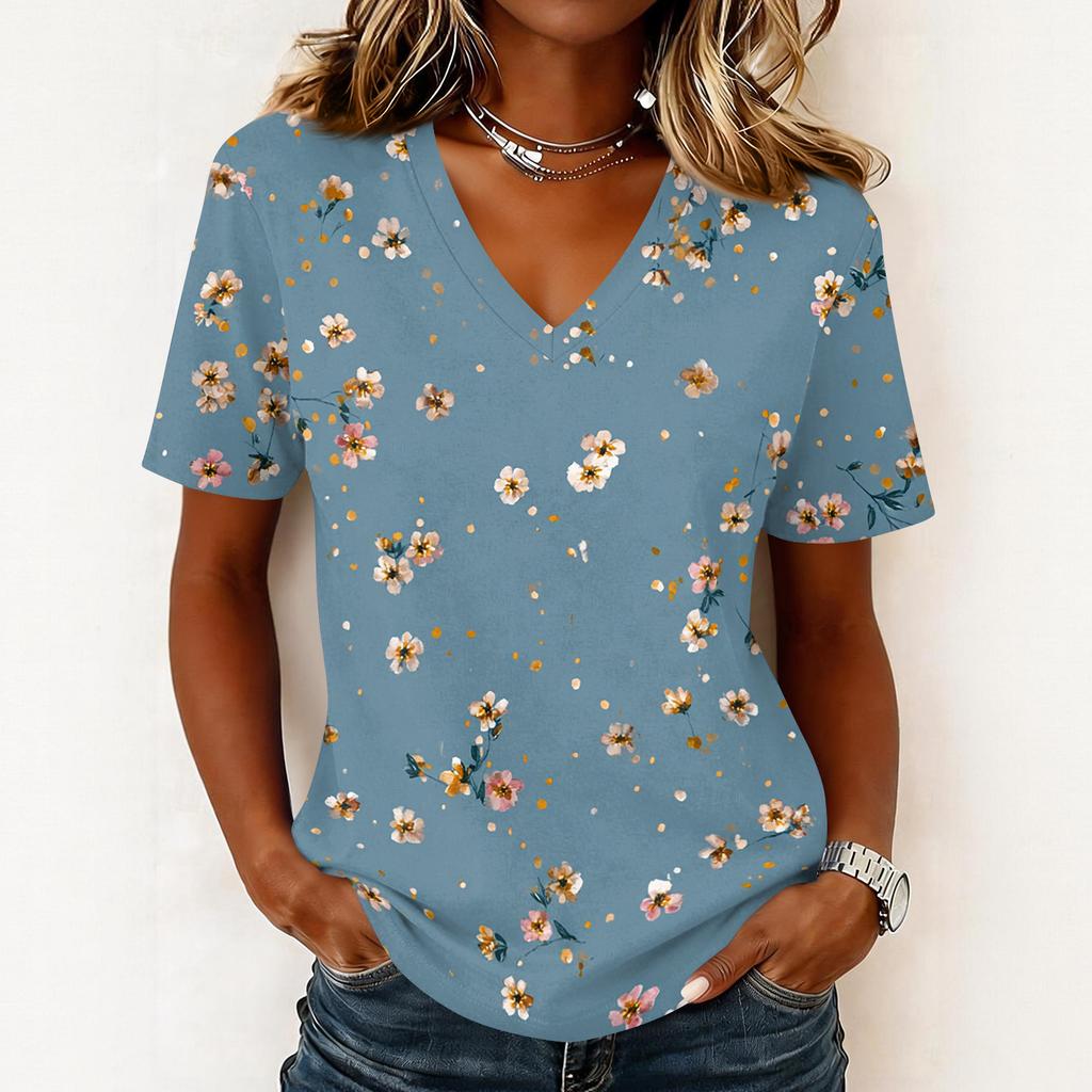 Women's fashionable casual short-sleeved floral print V-neck pullover top