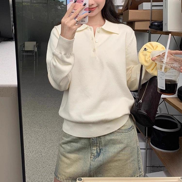 

Core-spun yarn washing water, solid color polo lapel knitted sweater women s autumn and winter shoulder lazy wind versatile long sleeves one size fits all