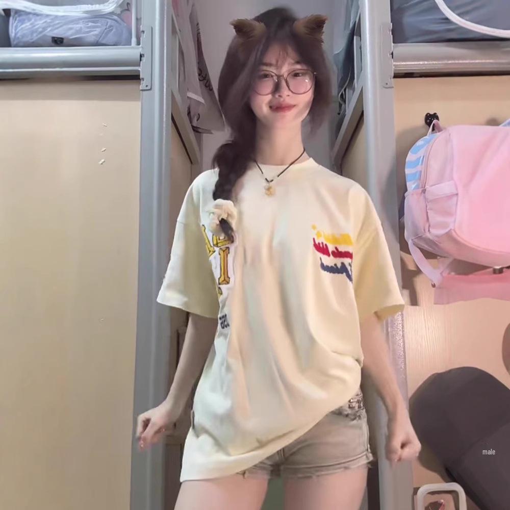 Women's Retro Black & White Cotton Crew Neck Loose T-Shirt - Summer 2025 Collection