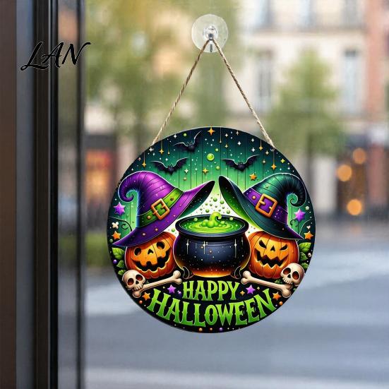 Halloween Gift for Friends Happy Front Door Hanging Sign, Retro Round Witch Hat Magic Cauldron Horror Fantasy Dark Theme Decor Wooden Welcome Pendant