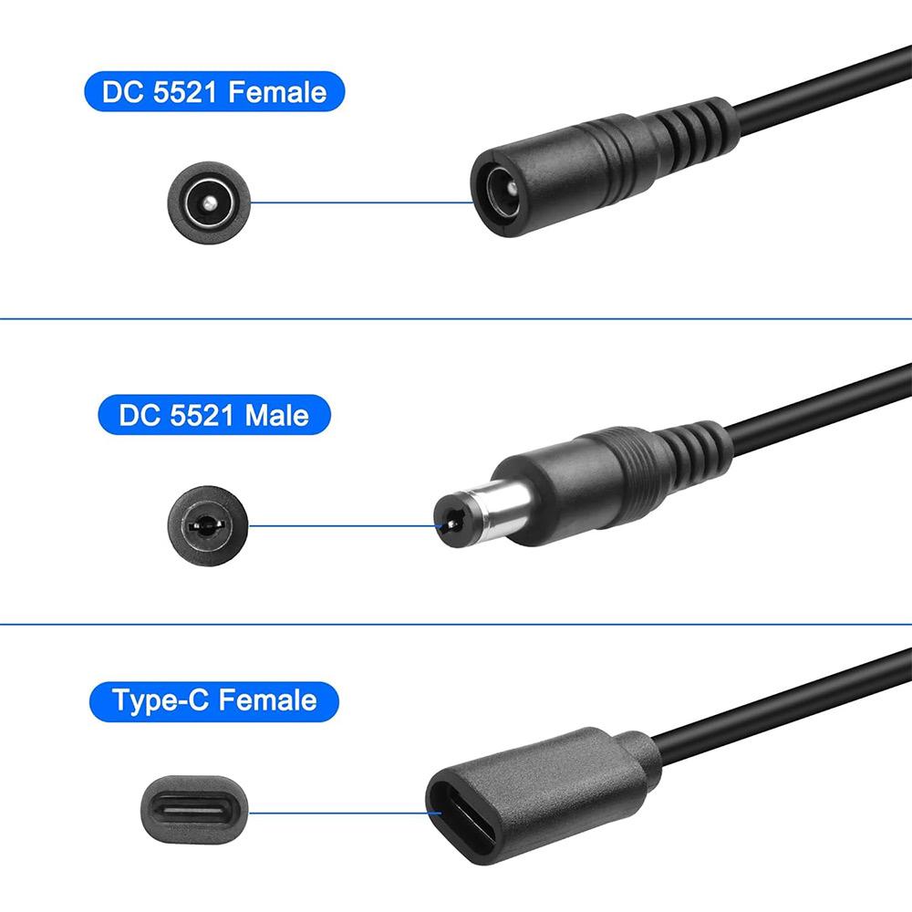 JUNSUNMAY 25cm Type-C Female To DC 5.5mm X 2.1mm Male Adapter Cable 5V 3A Power Extension Cord