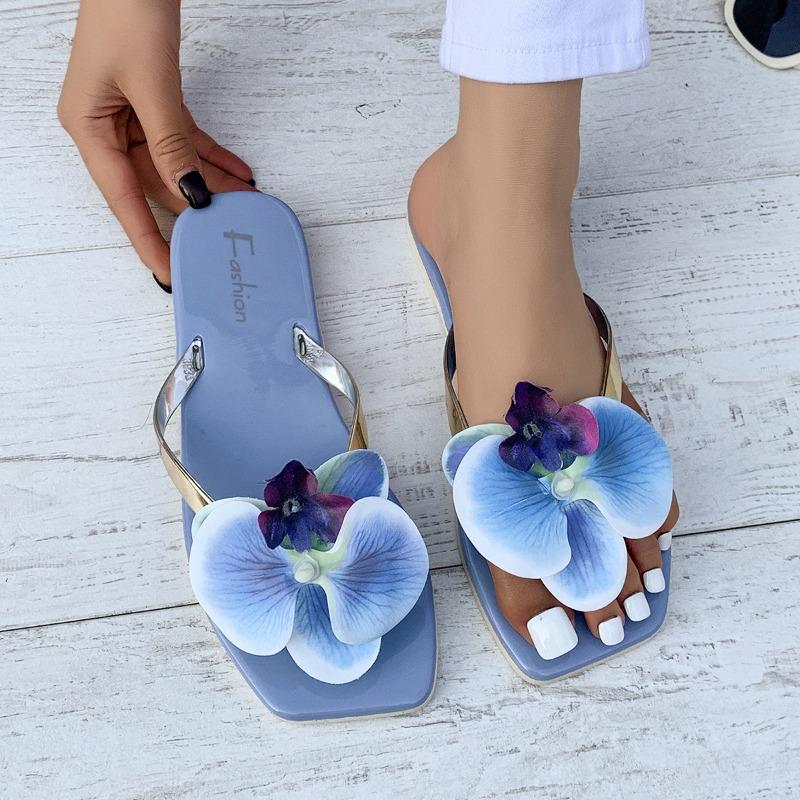 Women Slippers Summer Flip Flops with Petal Decorations Elegant Ladies Vocation Beach Flats Sandalias De Mujer Chaussures Femme