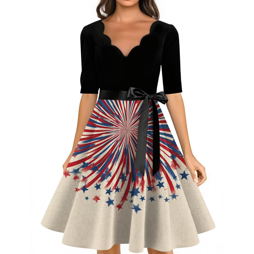 Women's Casual Fashion V-neck Retro Short-sleeved Dress With Flag Independence Day Print