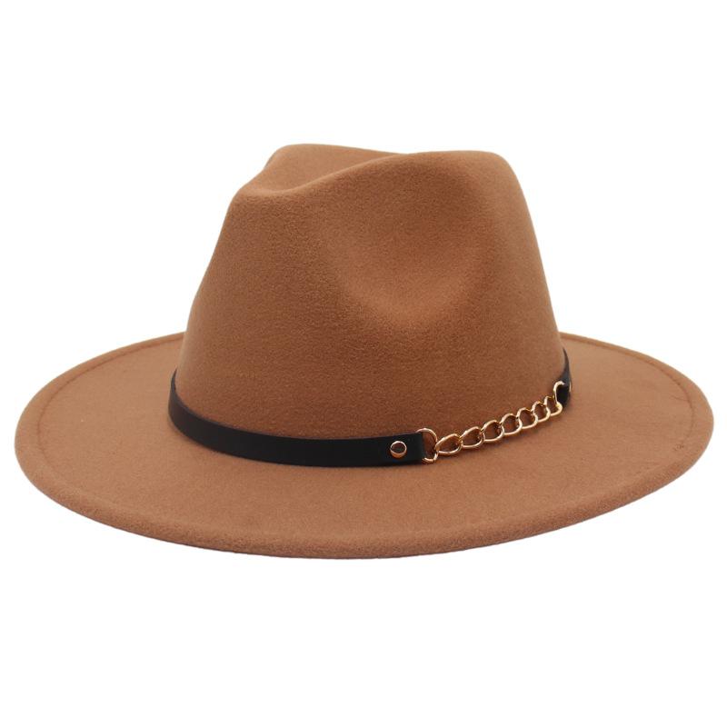 New Shanghai Gentleman Felt Hat, Belt, Iron Chain,Foreign Trade Top Hat, Light-Bottomed Fedora, Large Brim Hat
