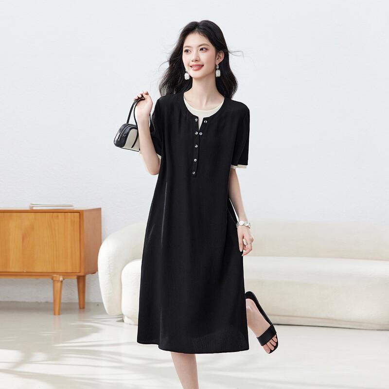 Srcr Women s 18 Momme Striped Mulberry Silk Faux Two-Piece Loose Summer Dress M