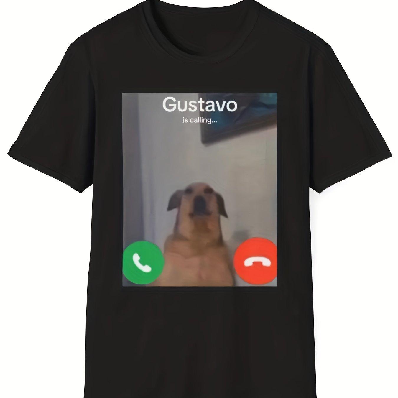

Gustavo The Dog S Funny Phone Call Graphic T-Shirt Black Casual Short Sleeve Round Neck Tee with Gustavo Is Calling M
