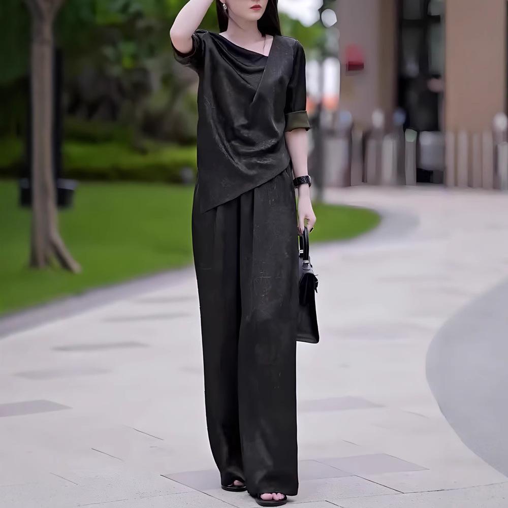 2827 Plus Size Women s Elegant Summer Top with Wide Leg Pants 4XL