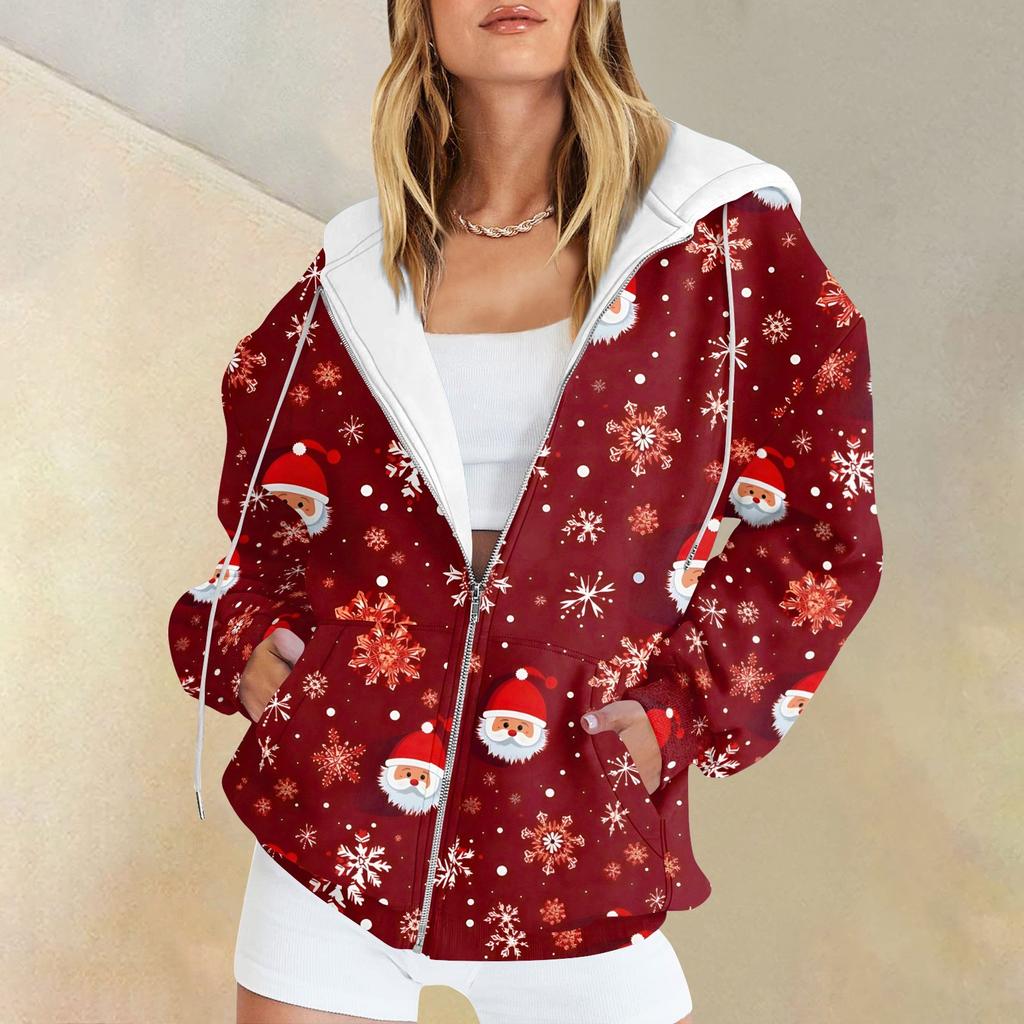 Ladies Fashion Casual Christmas Print Sweatshirt  Winter Long Sleeve Cardigan Jacket With Pocket Zipper Hoodie Jacket