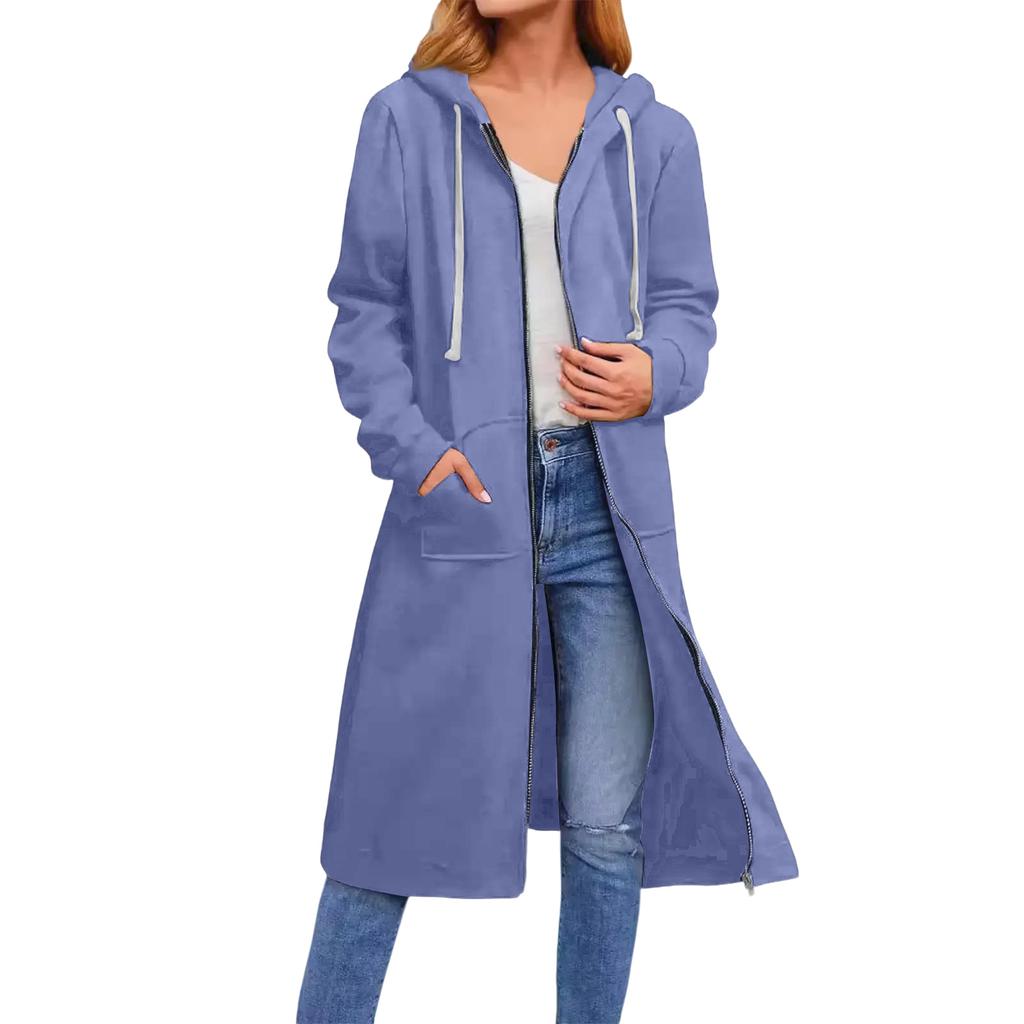 Women's Solid Color Fashionable Loose Zipper Long Cardigan Hooded Sweatshirt Jacket