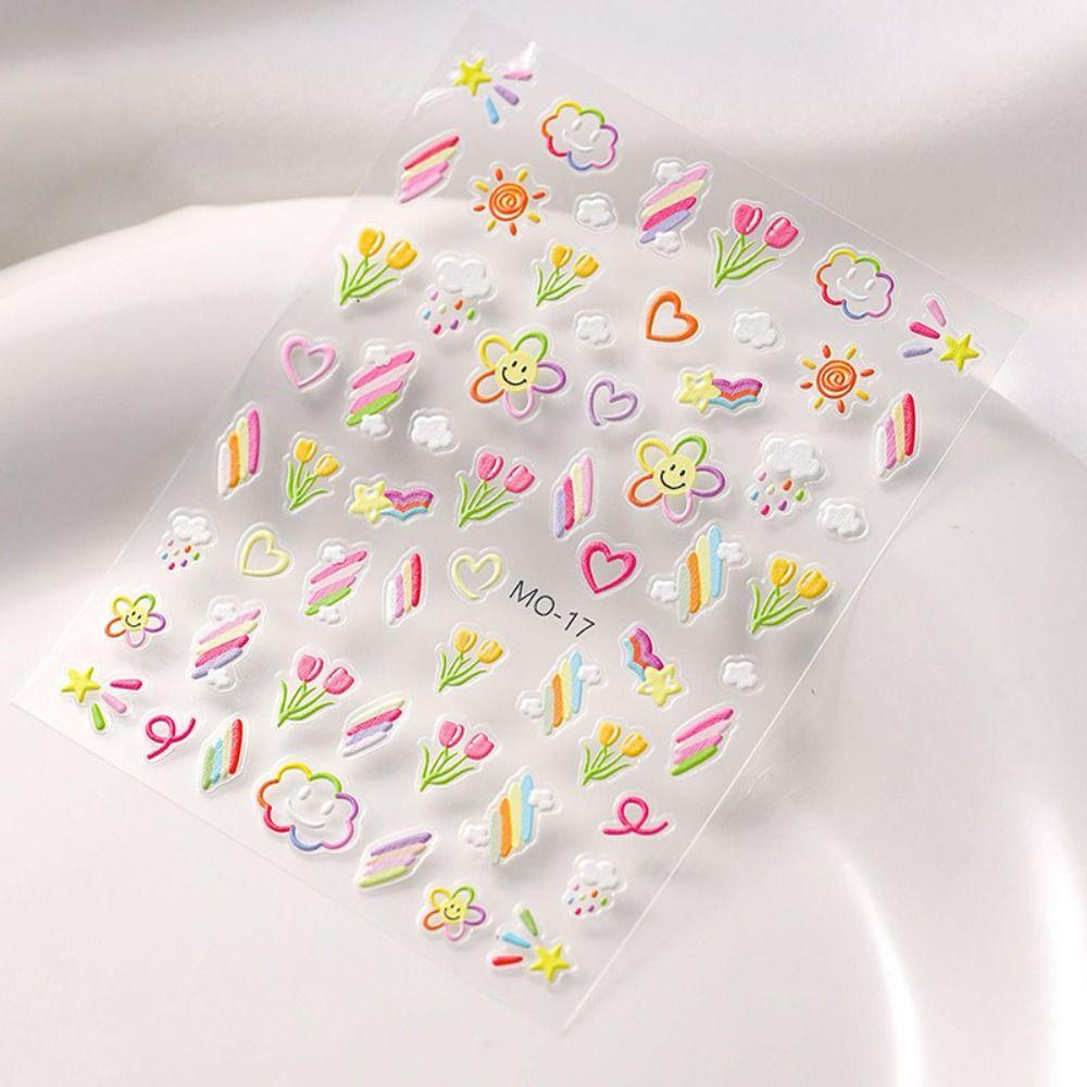 Cute Floral Nail Decal Graffiti Flower Rabbit Nalil Decor 5D Embossed DIY Nail Art