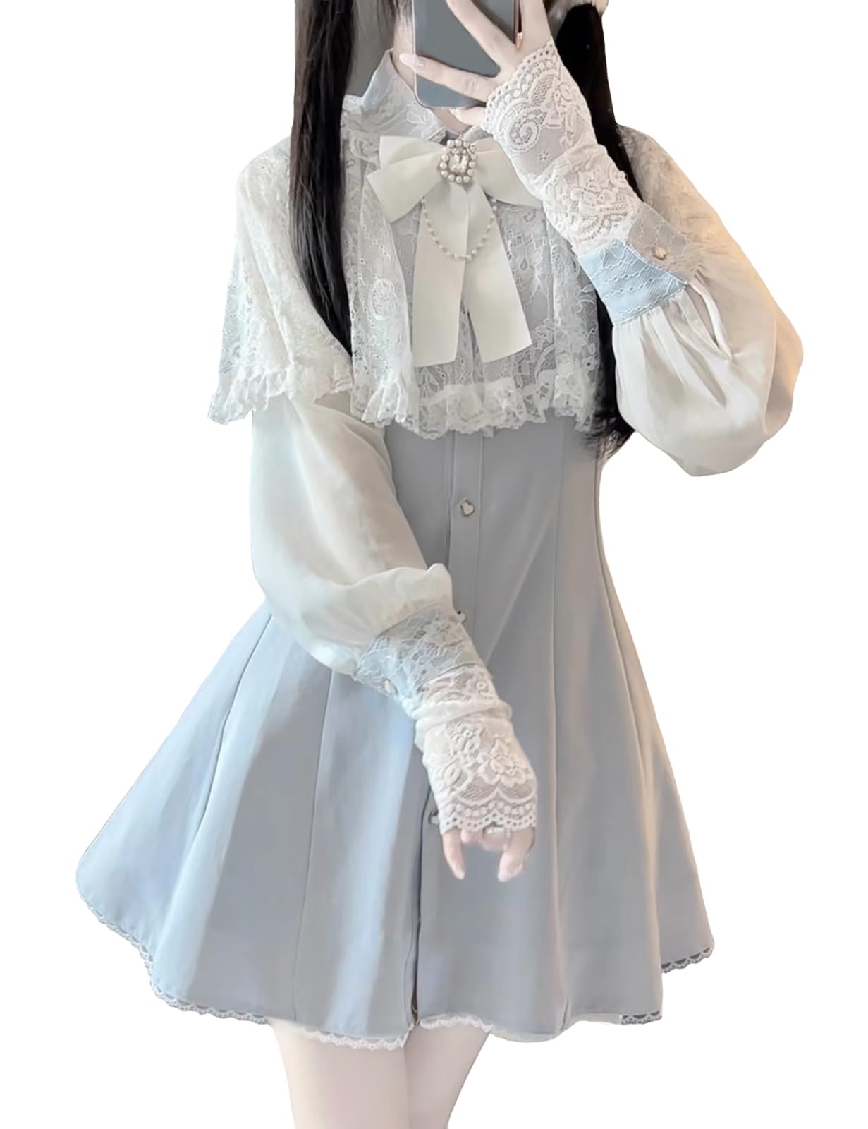 

XHSUKADO Lace Cape Neat and Ribbon Pearl Chiffon Long French Girly Student Light Size XL Women s Dress, Simple, Lace, Ruffles, Dress, A-Line,