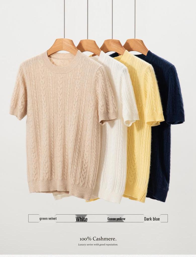 Women's 100% Pure Cashmere Cable Knit Short Sleeve Pullover Sweater
