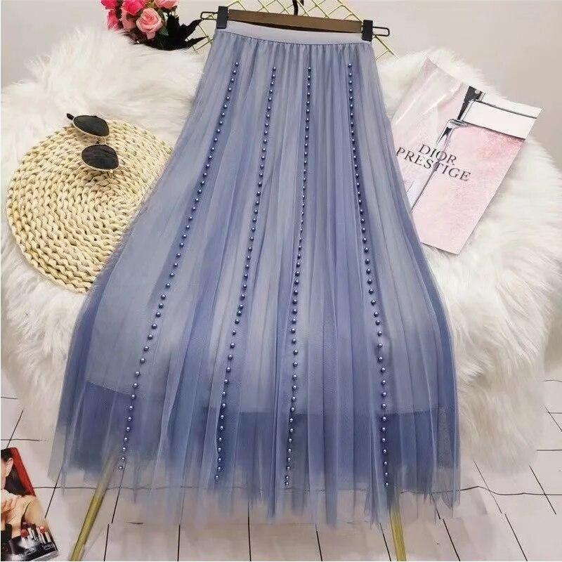 Wiosenna Nowa Sarong Plisowana Siateczkowa Spódnica do Połowy Ciała Damska Spódnica Średniej Długości z Wysokim Stanem Cienka Draperowana Długa Spódnica