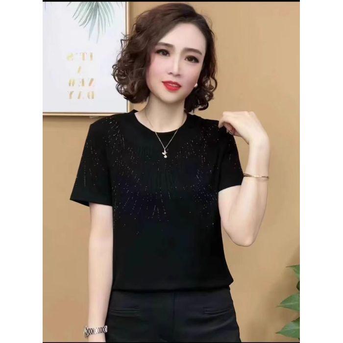2025 Dámské letní tričko s kamínky: Lichotivý, Volný střih, Krátký rukáv plus size pro ženy středního věku
