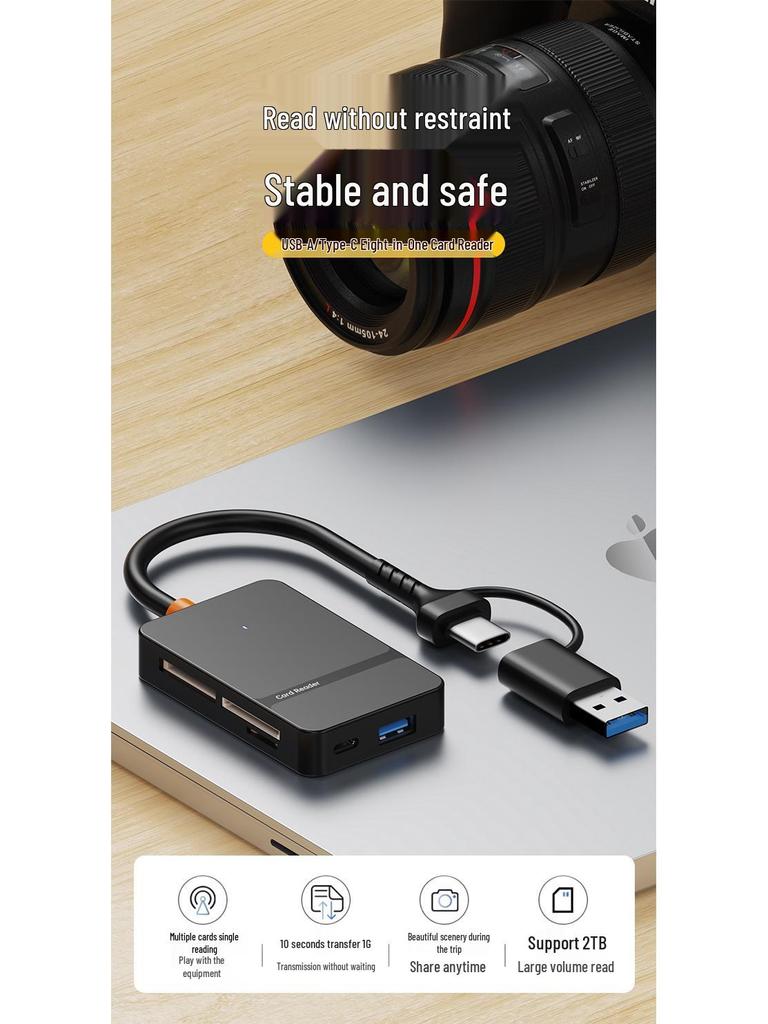 USB/Type-C 8-in-1 Card Reader: Expandable Hub for MS, CF, SD, TF Cards with USB 3.0 Compatibility for Mobile Phones and Computers.