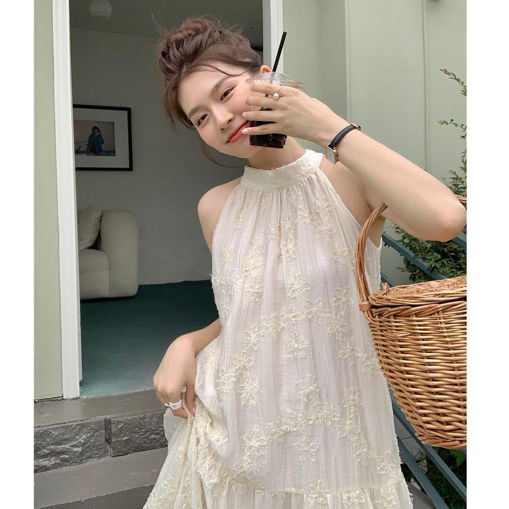 French-Style Summer Chiffon Halter Neck Dress with Embroidered A-Line Skirt
